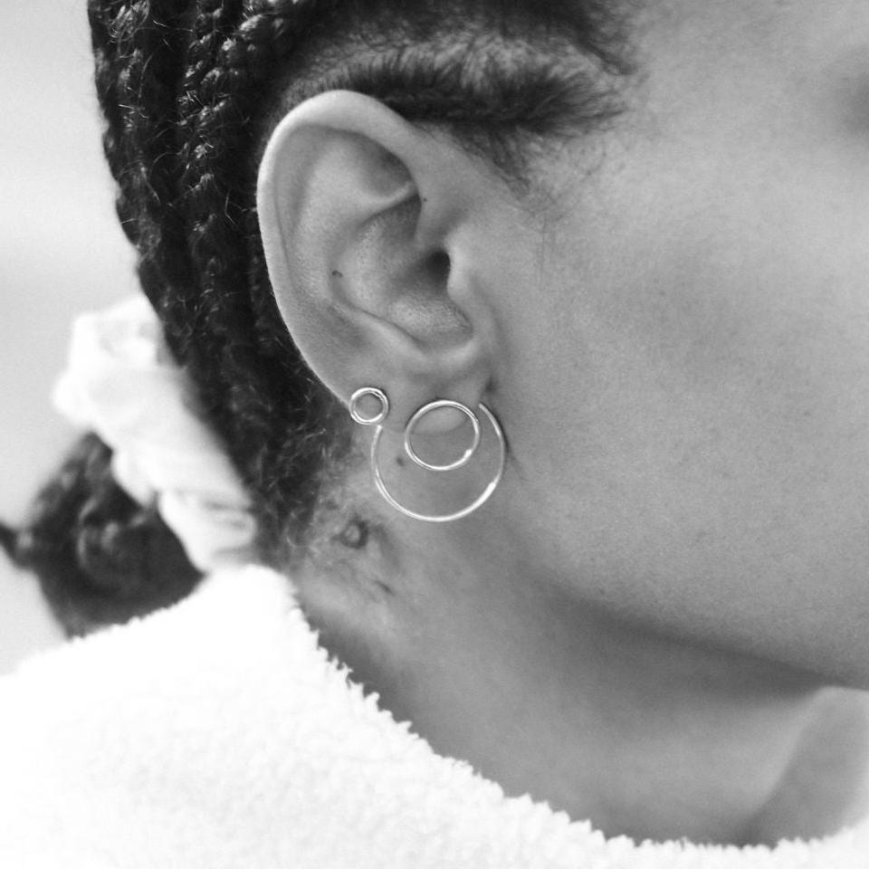Silver Double Circle & Small Circle earrings by Aurore Havenne