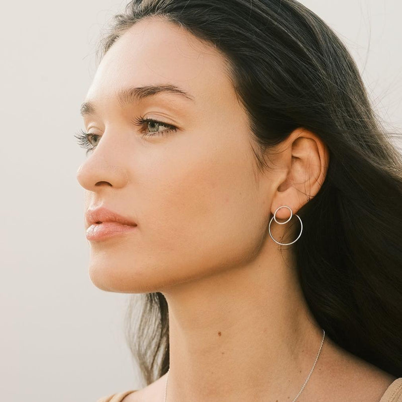 The Lines duo - Silver Double Circle & Mini Circle Earrings